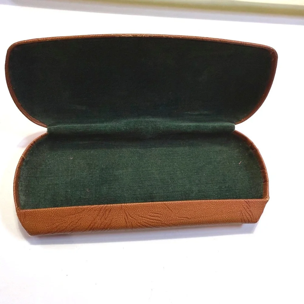 Vintage Brown Faux Leather Hard Shell Eyeglasses Case Green Velvet Lining 6.5in